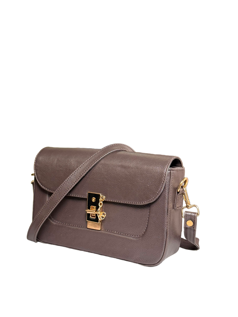 Luxe Mocha Crossbody Bag – Elegant Gold-Lock Shoulder Bag