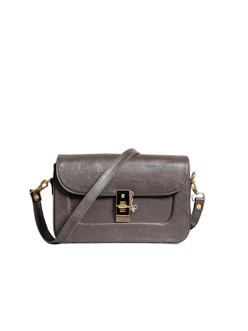 Luxe Mocha Crossbody Bag – Elegant Gold-Lock Shoulder Bag
