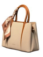 Luxe Canvas Tote Bag with Silk-Style Scarf – Beige & Cognac