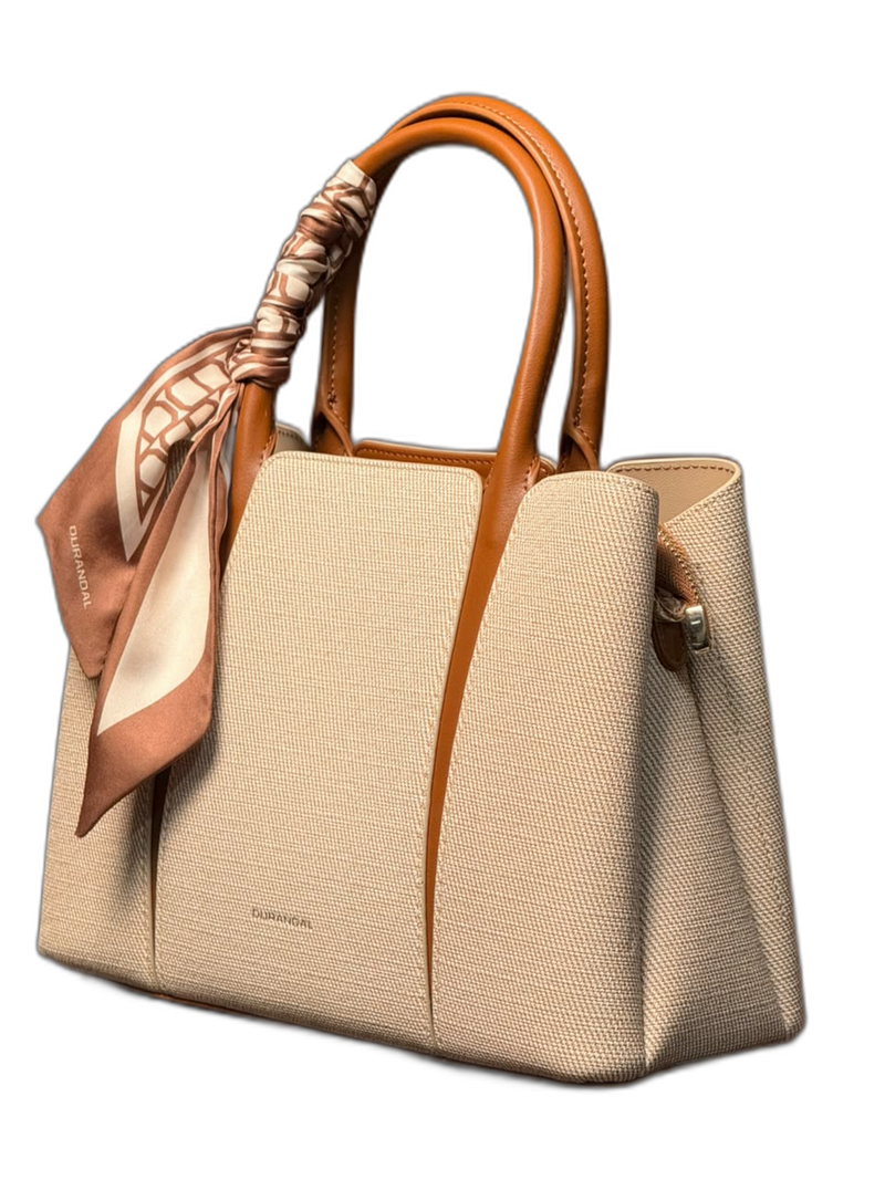 Luxe Canvas Tote Bag with Silk-Style Scarf – Beige & Cognac