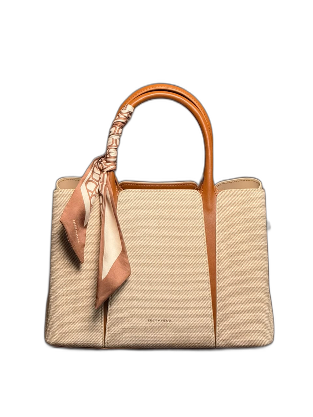 Luxe Canvas Tote Bag with Silk-Style Scarf – Beige & Cognac