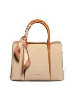 Luxe Canvas Tote Bag with Silk-Style Scarf – Beige & Cognac