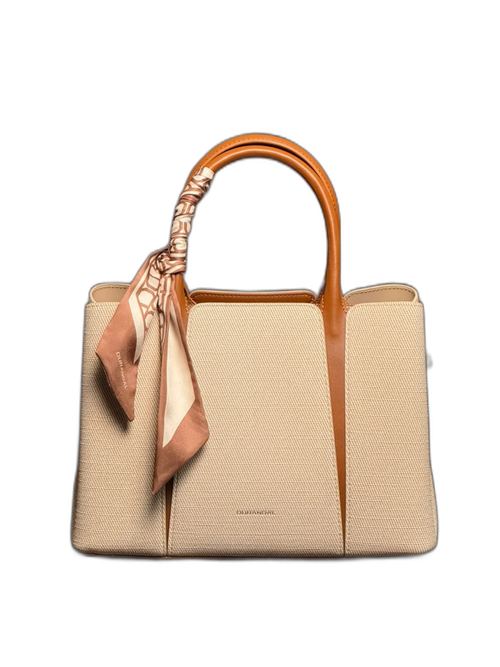 Luxe Canvas Tote Bag with Silk-Style Scarf – Beige & Cognac