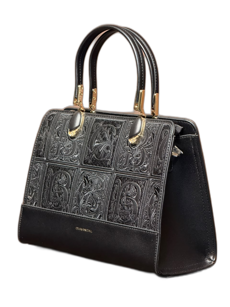 Vintage Embossed Top-Handle Handbag – Elegant Black