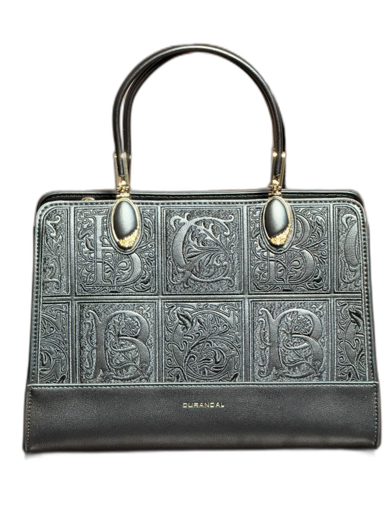 Vintage Embossed Top-Handle Handbag – Elegant Black
