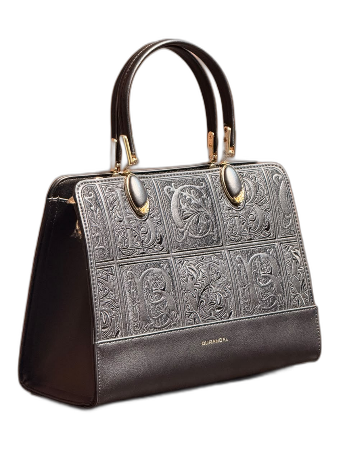 Vintage Embossed Top-Handle Handbag – Elegant Black